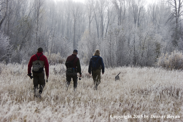 Flyfishermen walking through field to river in cold weather.