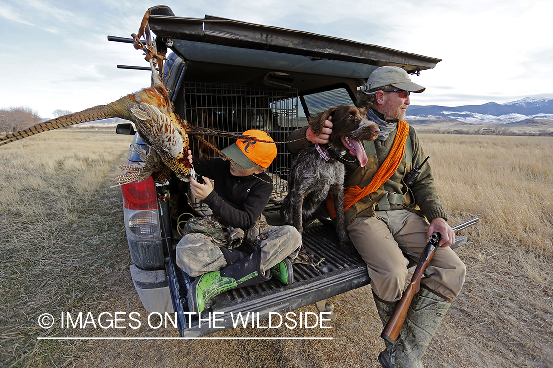 Father and son pheasant hunters with bagged pheasant. 