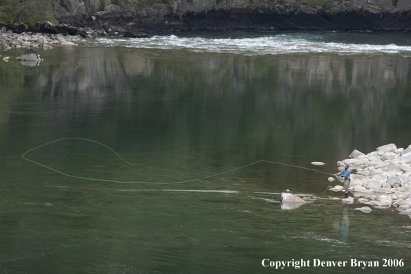 Flyfisherman casting from shore.