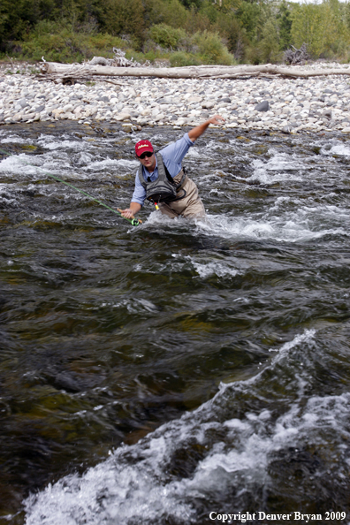 Flyfisherman trying to cross river