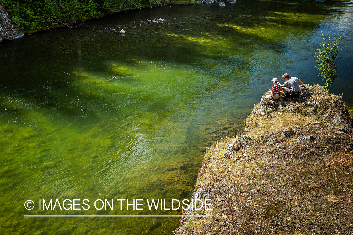 Flyfishermen looking at migrating king salmon on Nakina River, British Columbia.