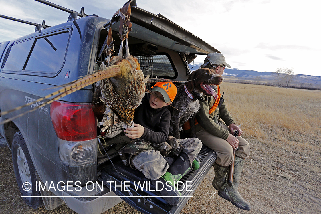 Father and son pheasant hunters with bagged pheasant. 