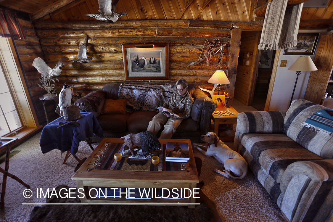 Falconer lounging in cabin with hooded gyr falcon.