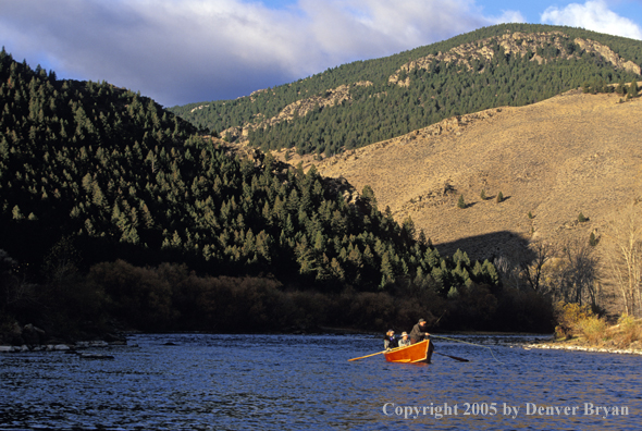 Fly fisherman fishing from driftboat.