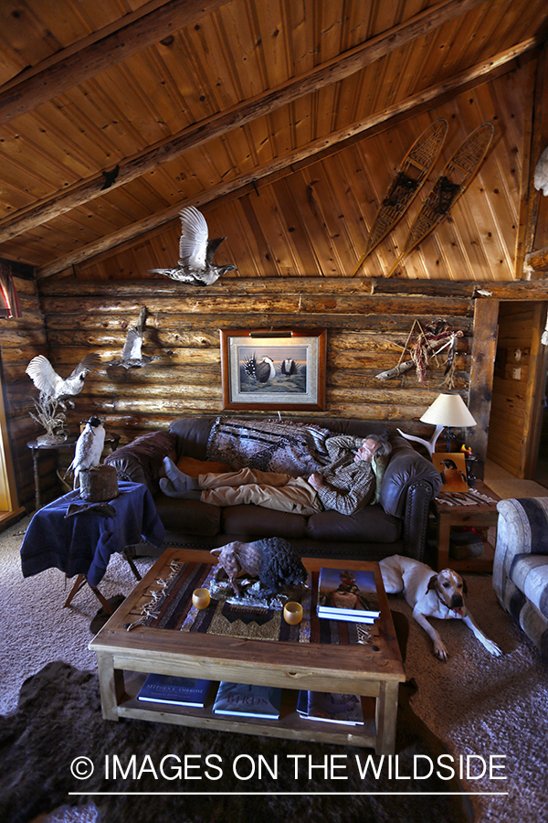 Falconer lounging in cabin with hooded gyr falcon.