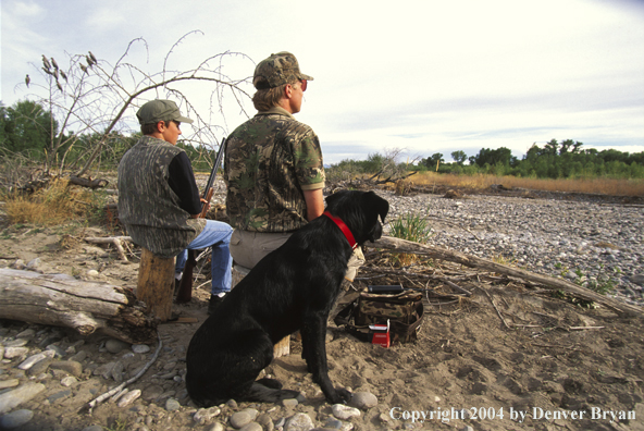 Father and son dove hunting with Labrador Retriever.