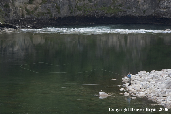 Flyfisherman casting from shore.