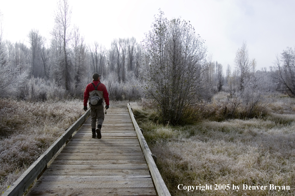 Flyfisherman walking across foot bridge.