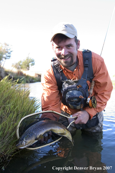 Flyfisherman holding brown trout.