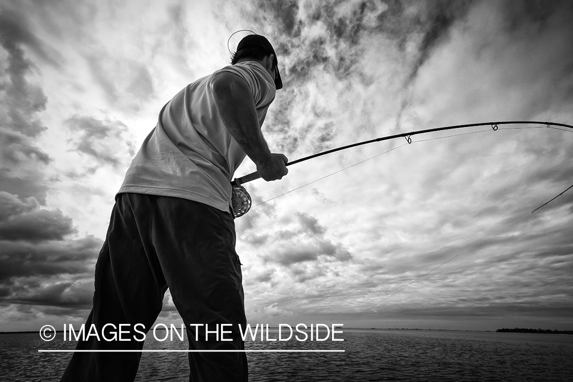 Flyfisherman fighting with fish.