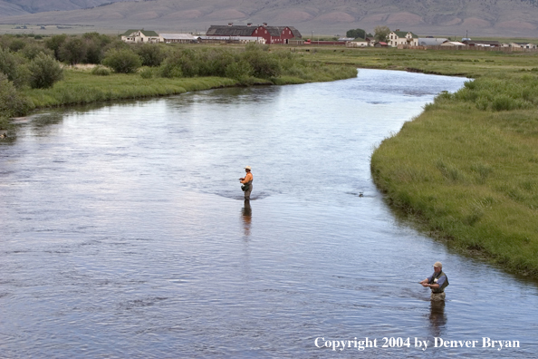 Flyfishermen fishing river.  Summer.