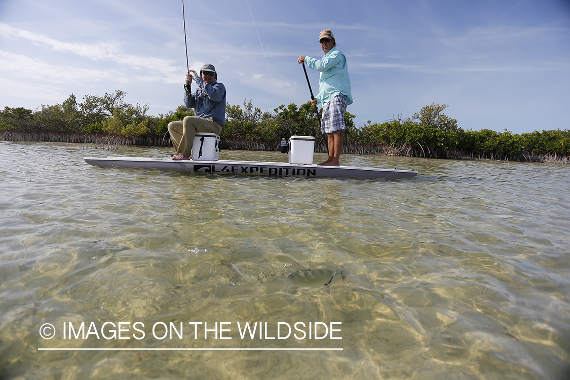 Flyfisherman fighting bonefish.