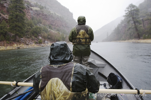 Flyfishermen fishing Green River from drift boat.