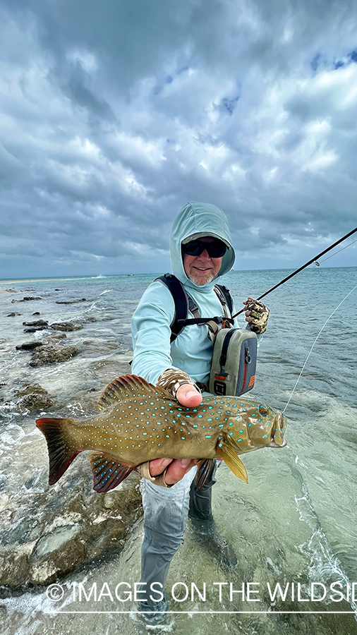 Flyfisherman with leopard coral grouper.