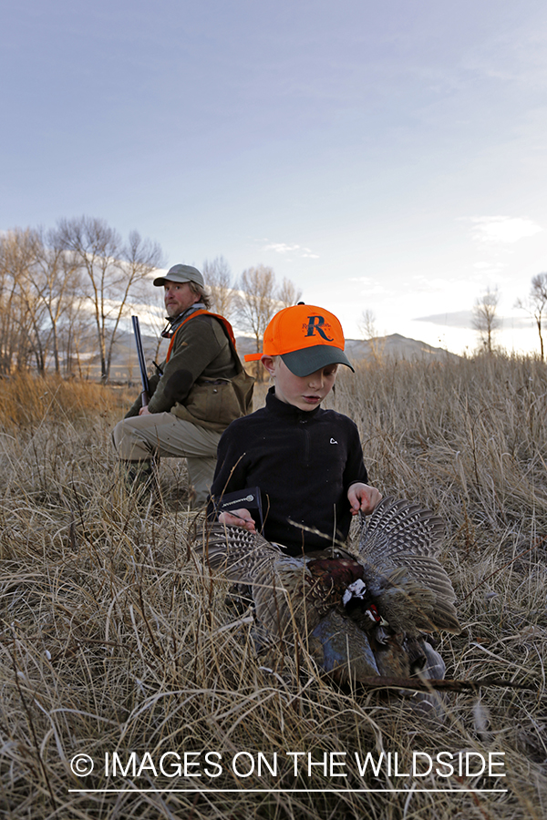 Father and son pheasant hunters with bagged pheasant. 