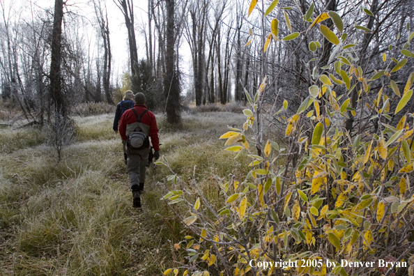 Flyfishermen walking through field to river in cold weather.