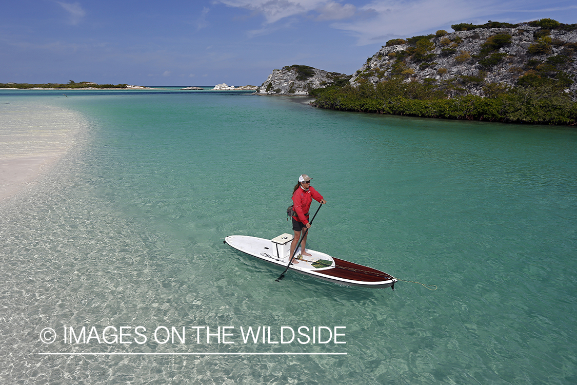 Saltwater flyfishing woman on paddle board on flats.