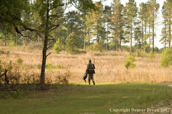 Turkey hunter in field with bagged bird