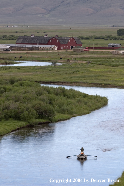 Flyfishermen fishing river from drift boat.  Summer.