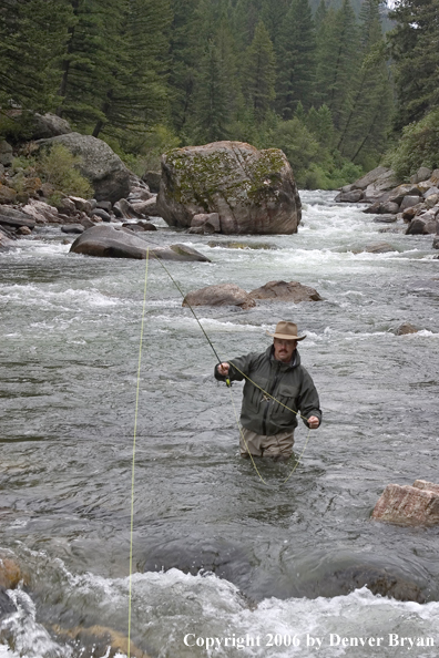 Flyfisherman fishing water pocket in river.