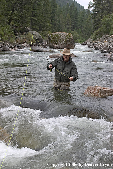 Flyfisherman fishing water pocket in river.