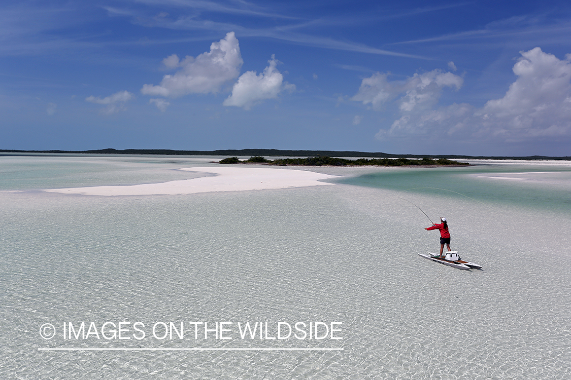 Saltwater flyfishing woman on paddle board casting line on flats.