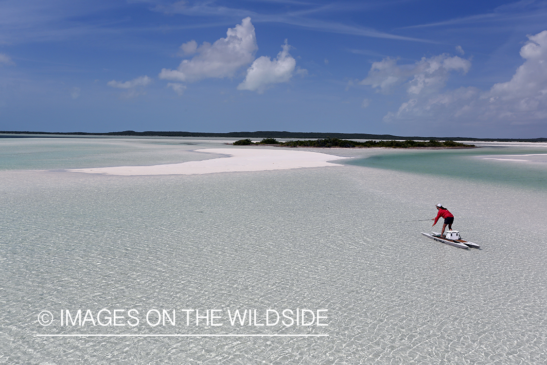 Saltwater flyfishing woman on paddle board casting line on flats.