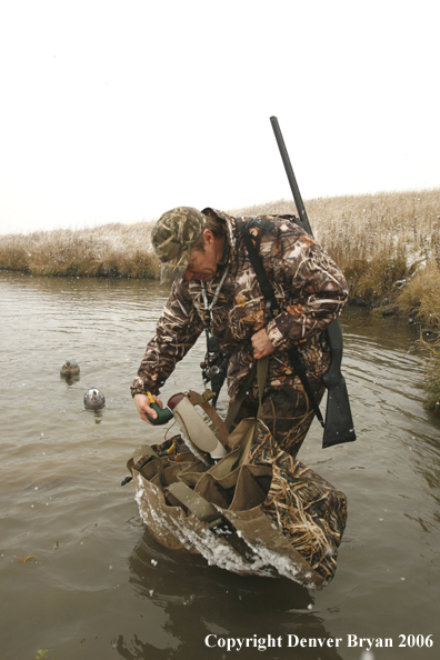 Duck hunter setting decoys in winter