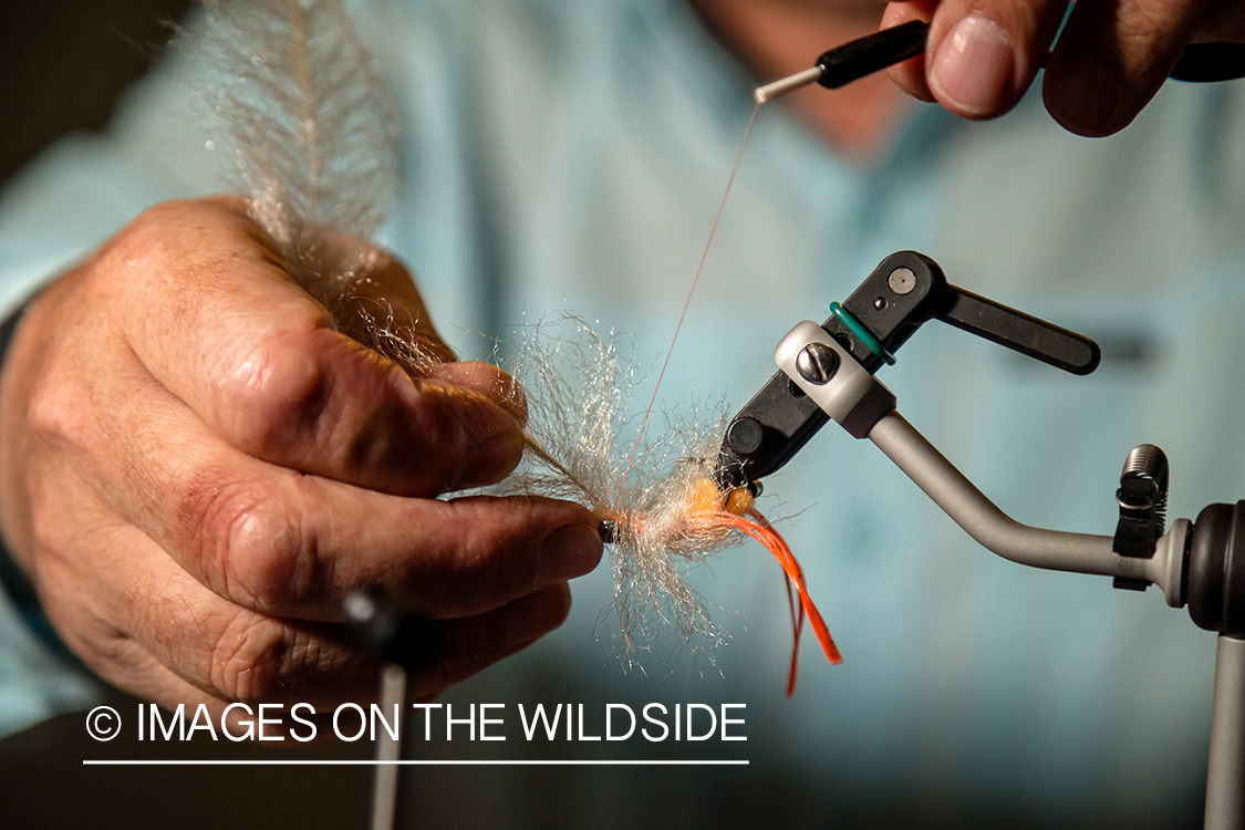 Flyfisherman tying saltwater fly. 