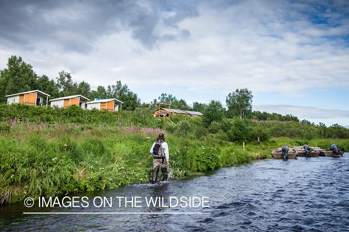 Flyfisherman walking along the Sedanka river in Kamchatka Peninsula, Russia.