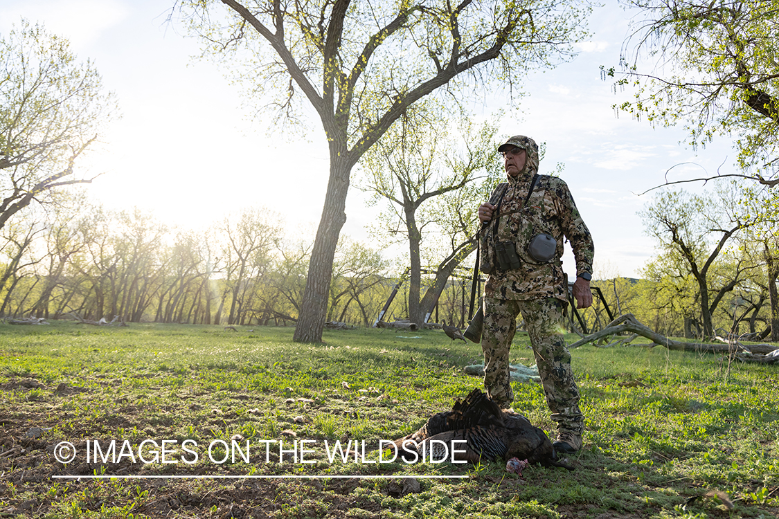 Hunter with bagged turkey.