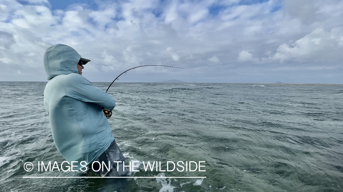 Saltwater flyfisherman fighting fish.