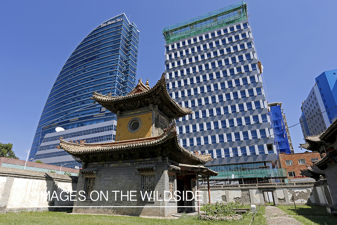 Ancient Mongolian temple with skyscrapers in background, Ulaanbaatar, Mongolia.