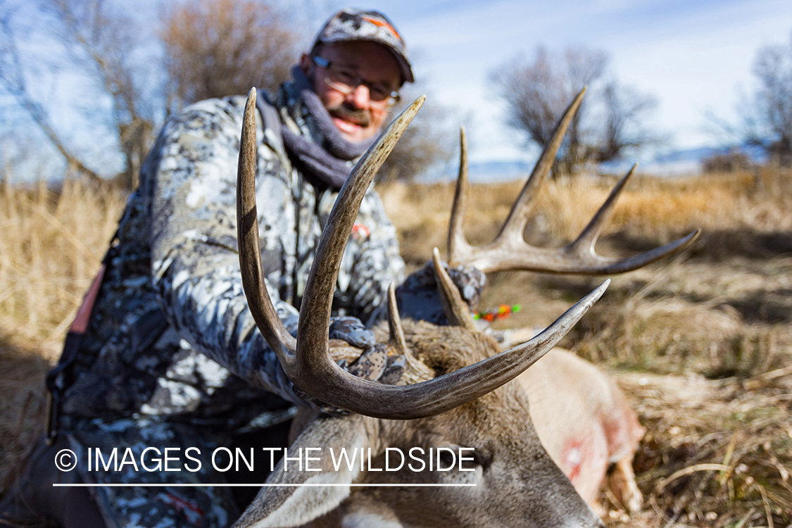 Bowhunter with bagged white-tailed buck. 