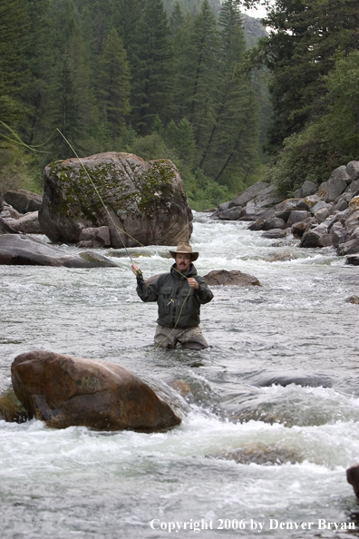 Flyfisherman fishing water pocket in river.