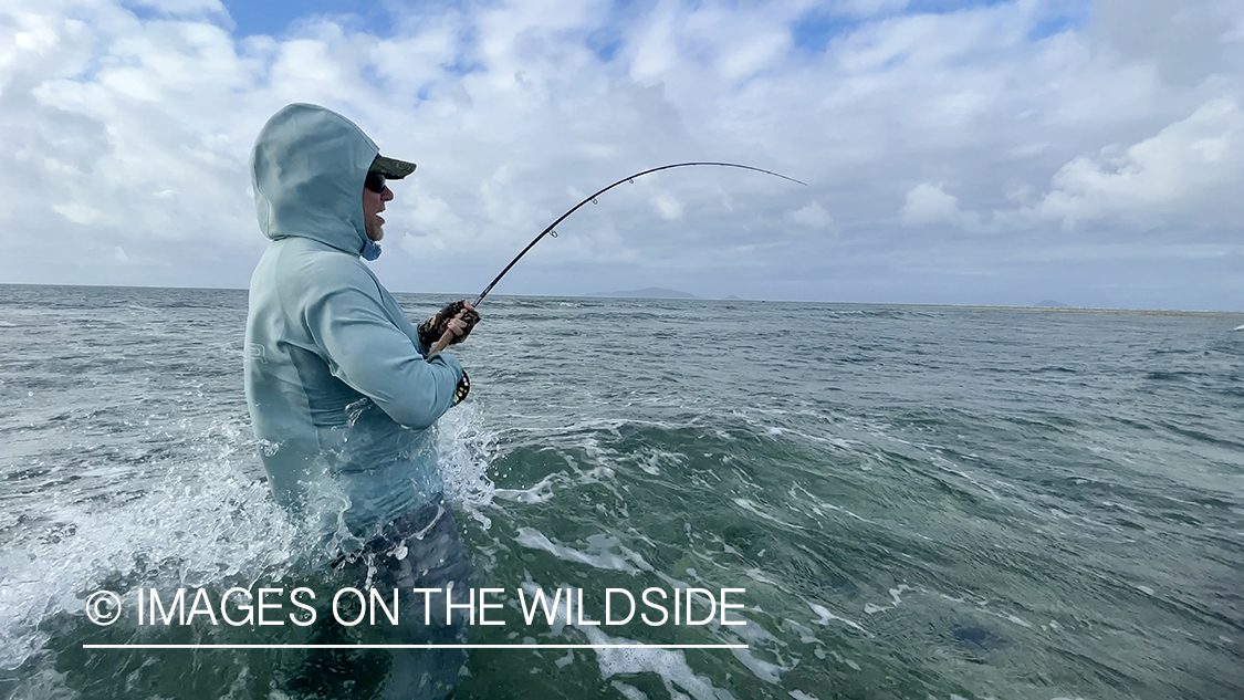 Saltwater flyfisherman fighting fish.