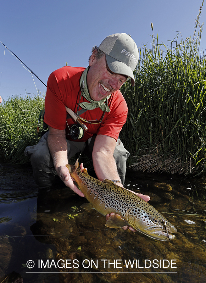 Flyfisherman with brown trout. 