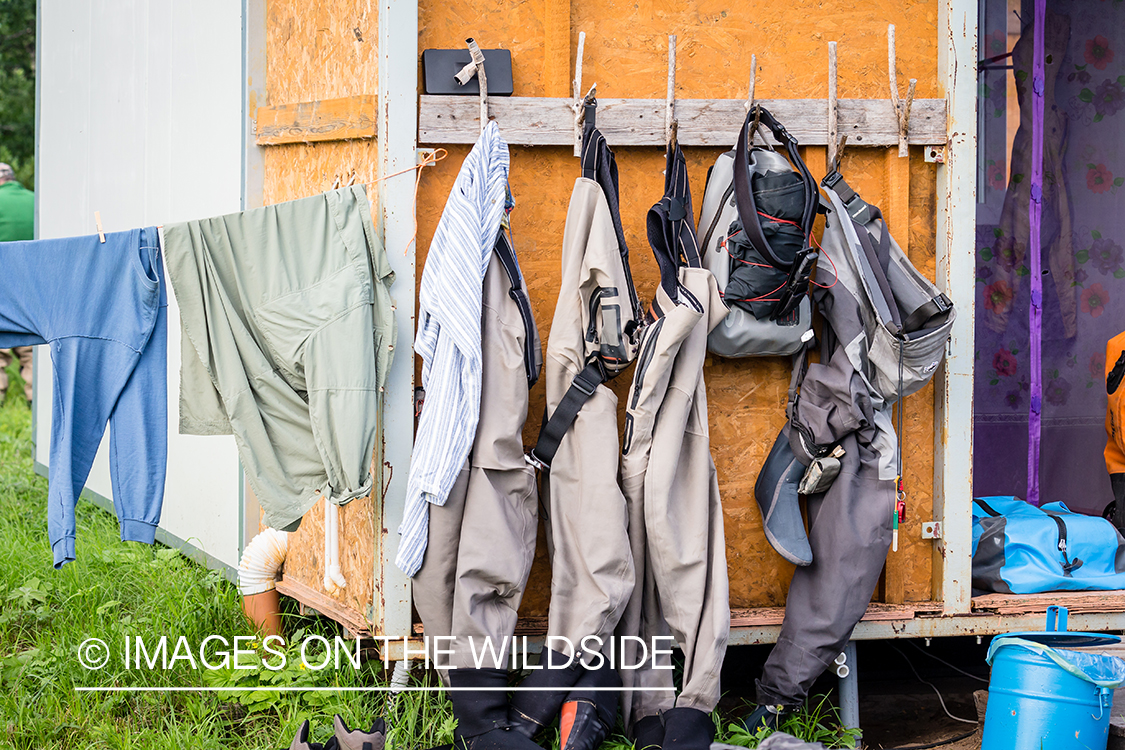 Waders hanging outside camp in Kamchatka Peninsula, Russia.