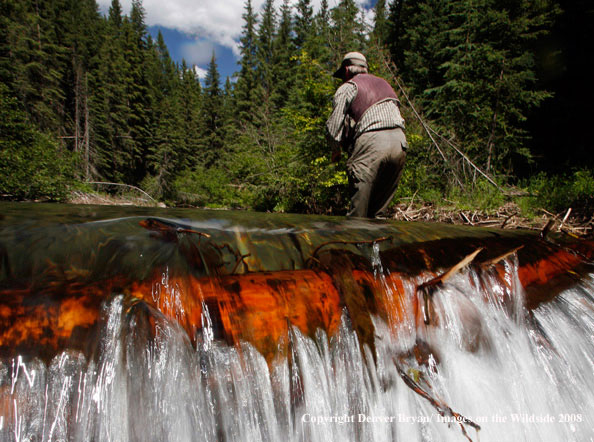 Flyfisherman standing above waterfall fishing