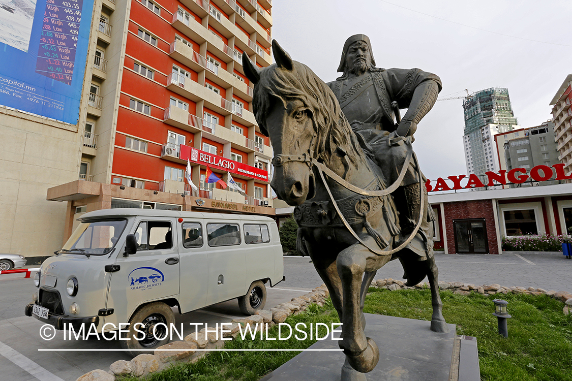 Mongolian horseback warrior statue infront of Bayangol Hotel in Ulaanbaatar, Mongolia.