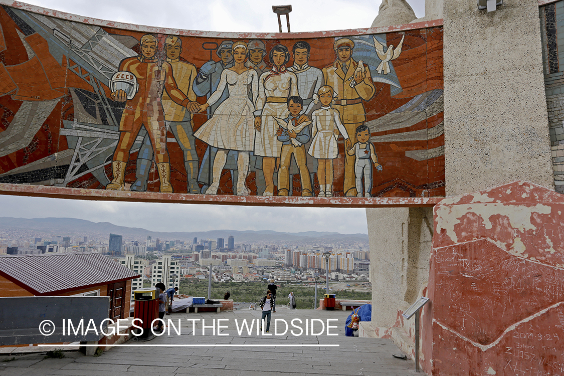 Tourist at War Memorial in Ulaanbaatar, Mongolia.