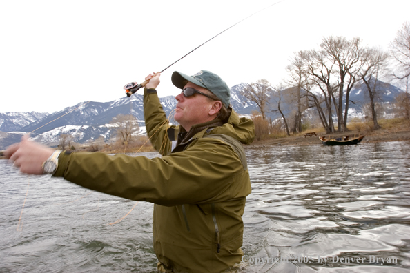 Flyfisherman casting heavy streamers on Yellowstone River, Montana.