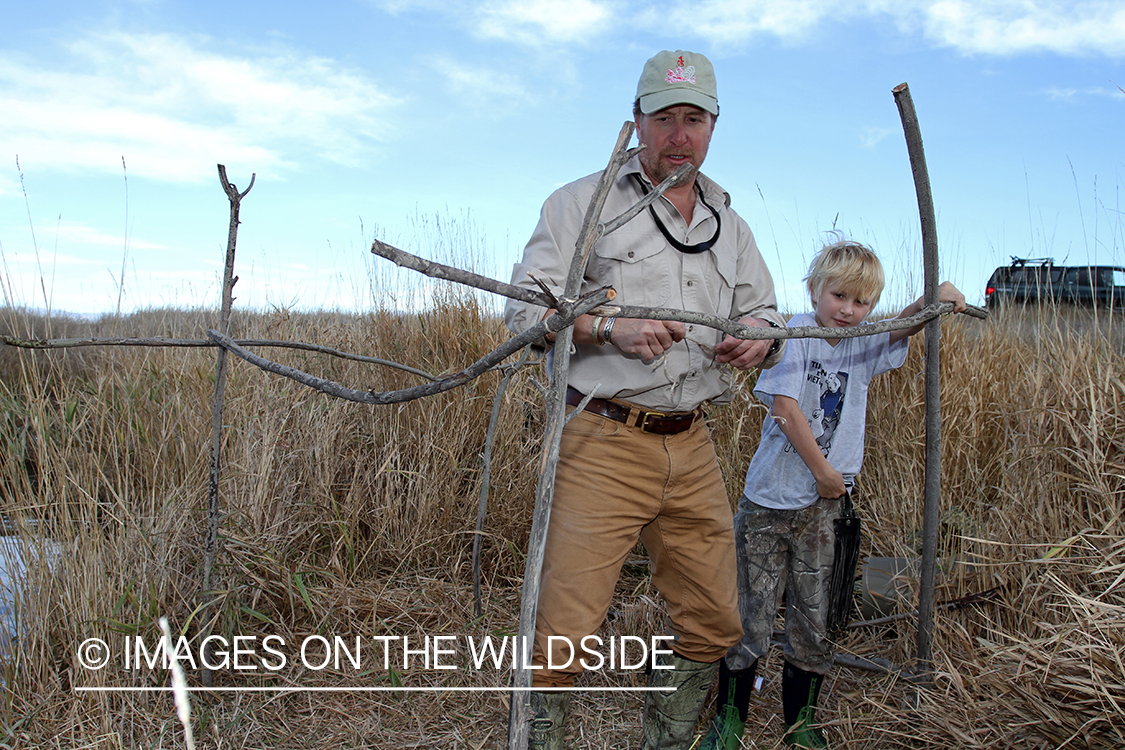 Father and son waterfowl hunters building blind.